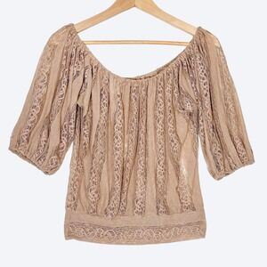 Sheer Lace Off Shoulder 3/4 Sleeve Top Womens L Boho Festival Fairy Grunge Poof!